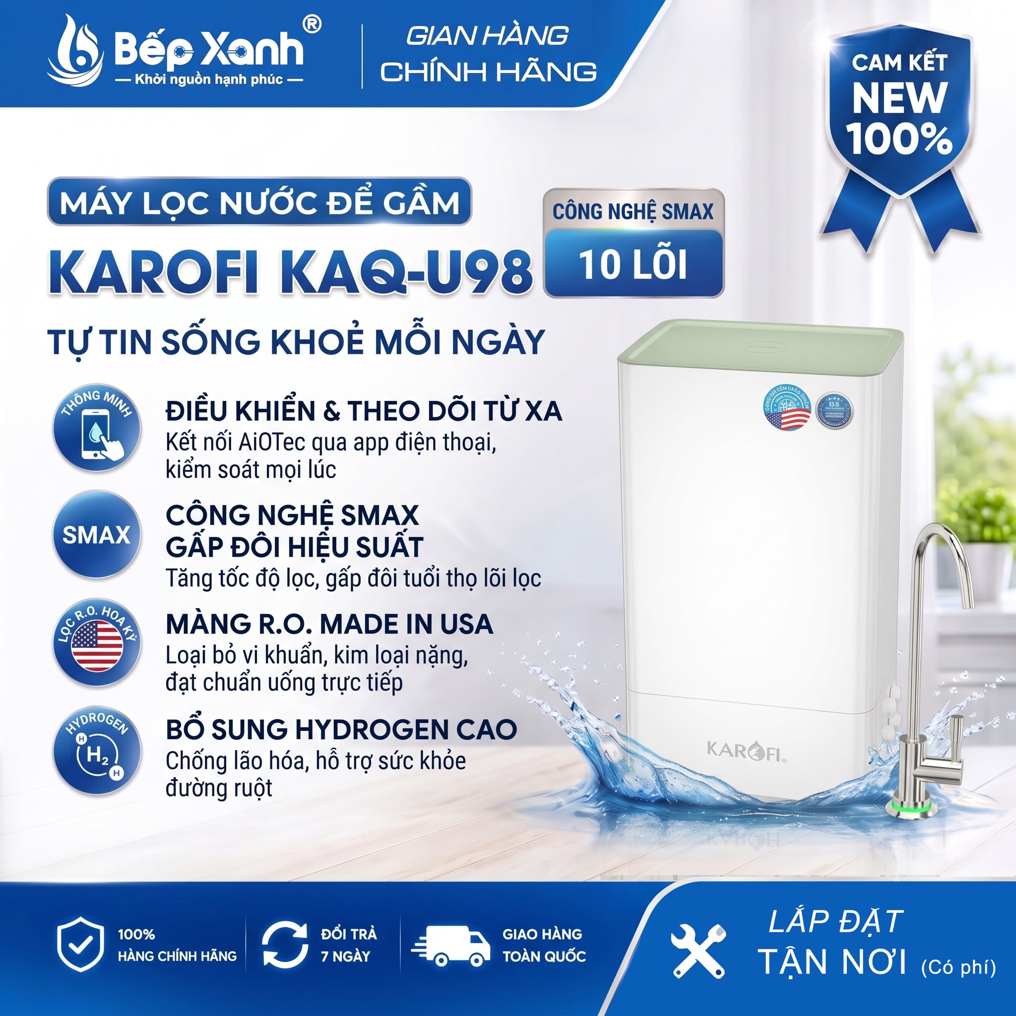 Máy lọc nước Karofi KAQ-U98 để gầm tủ bếp 10 lõi Smax chính hãng