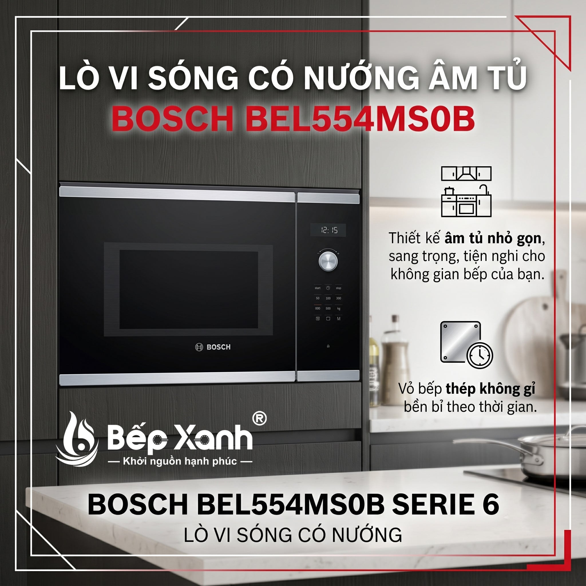 Mặt kính đen viền inox sang trọng Bosch