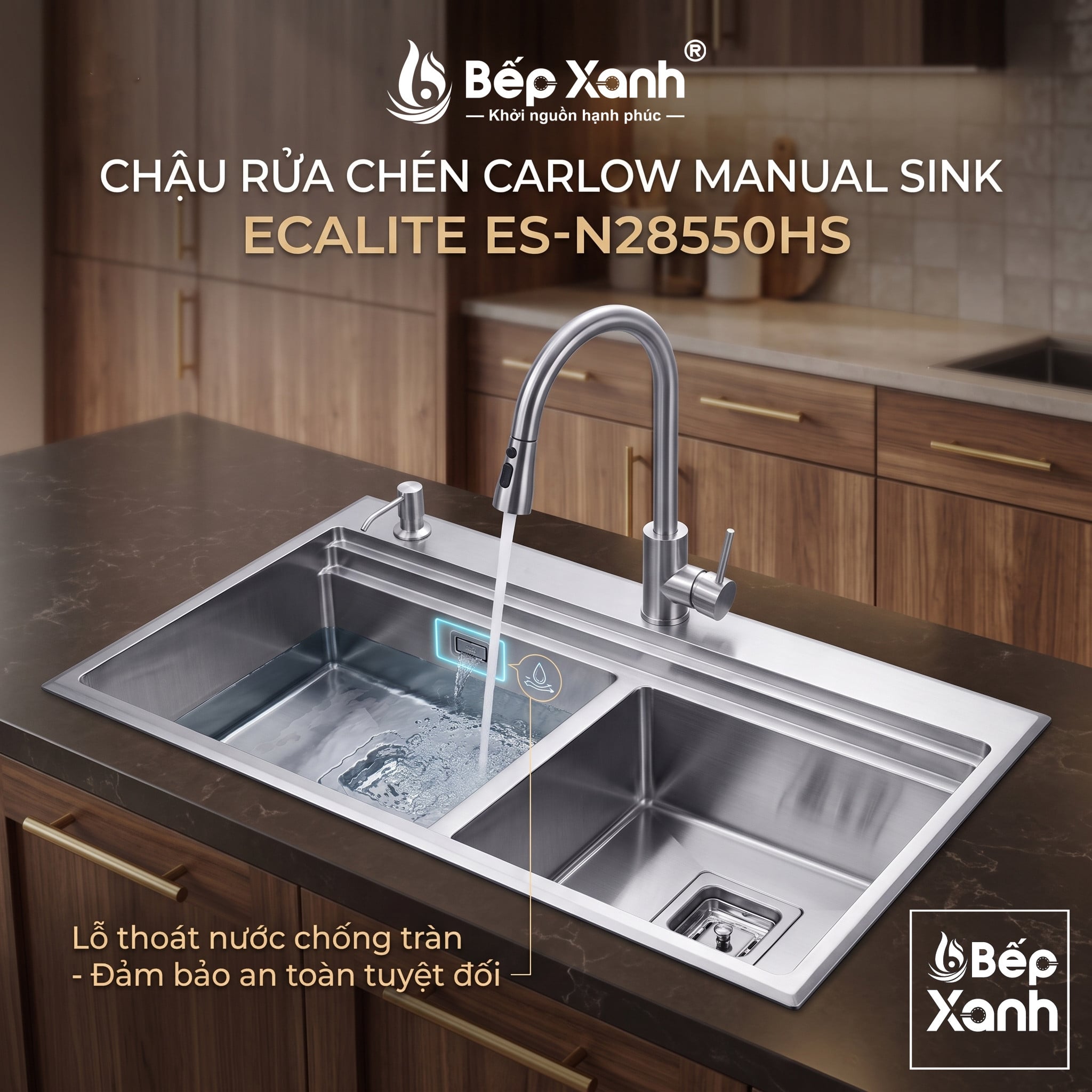 Lỗ chống tràn và lắp nổi đơn giản - chậu rửa chén Ecalite ES-N28550HS