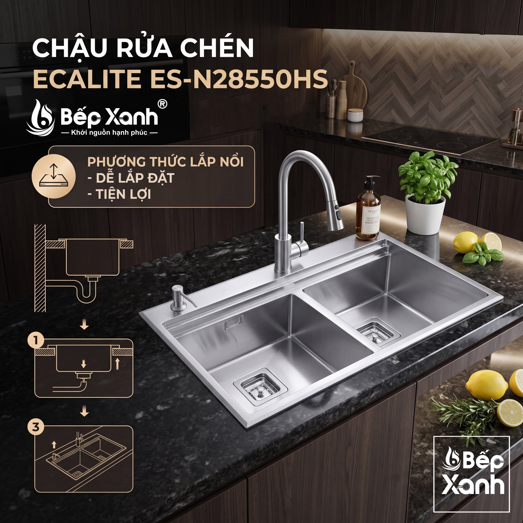 Lắp nổi chậu rửa chén Ecalite ES-N28550HS trên mặt đá bếp