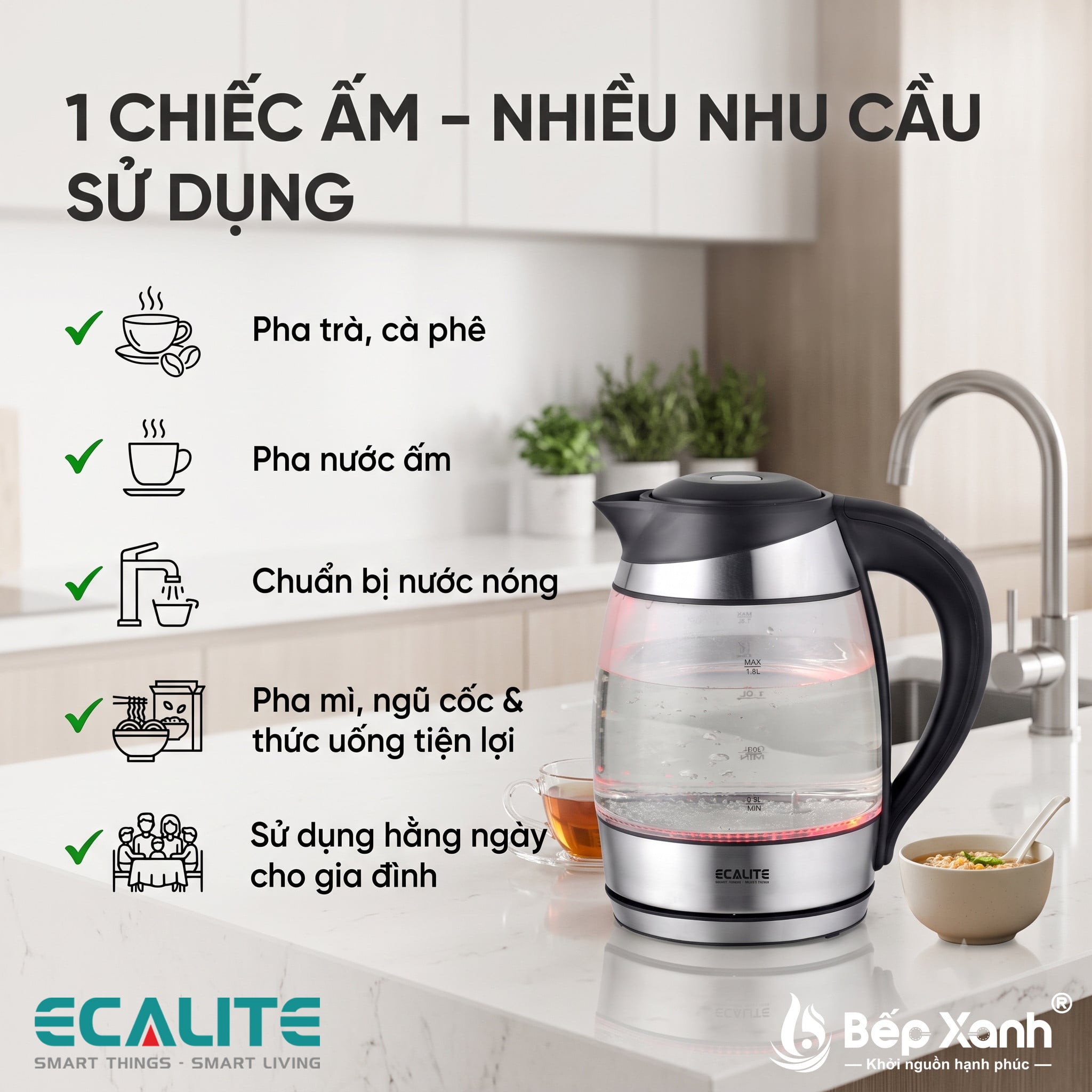 Thông số kích thước ấm đun Ecalite EK-G1812