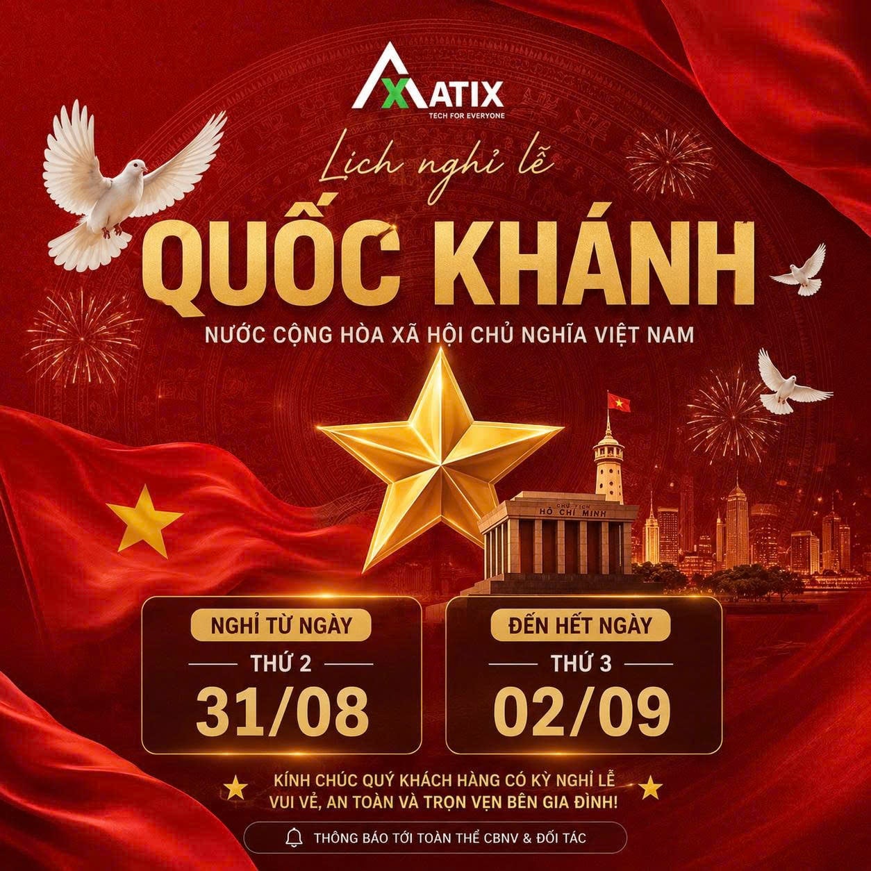 🇻🇳 THÔNG BÁO NGHỈ LỄ QUỐC KHÁNH 02/09