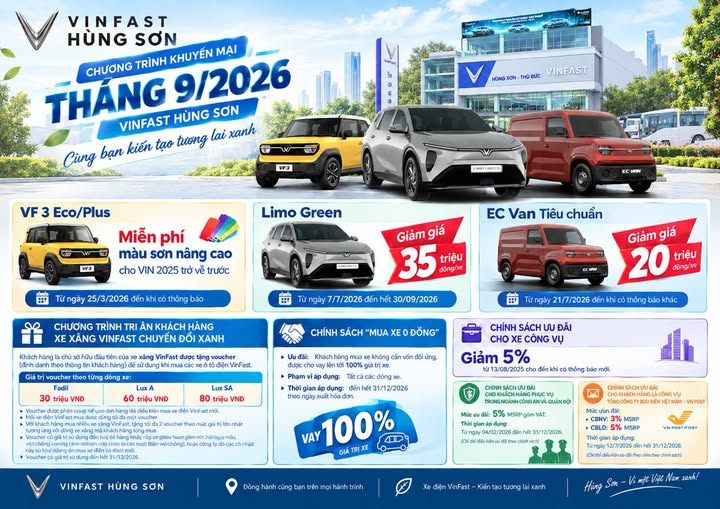 CHƯƠNG TRÌNH KHUYẾN MÃI VINFAST THÁNG 9/2026 TẠI VINFAST HÙNG SƠN