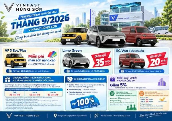 CHƯƠNG TRÌNH KHUYẾN MÃI VINFAST THÁNG 9/2026 TẠI VINFAST HÙNG SƠN
