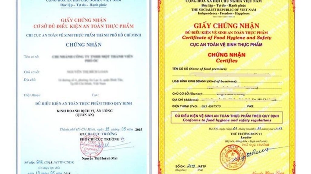 Giấy chứng nhận cơ sở đủ điều kiện an toàn thực phẩm