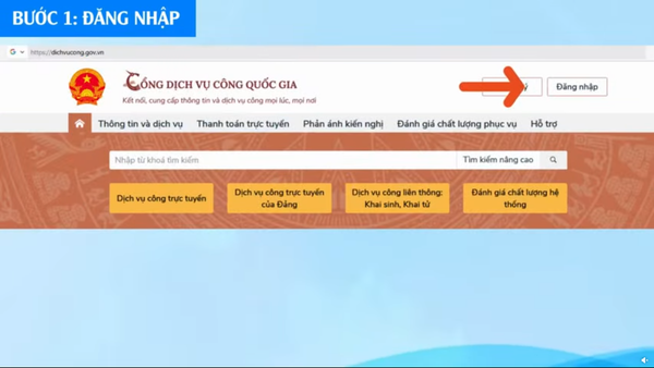 Đăng nhập Cổng dịch vụ công Quốc Gia ở góc phải màn hình