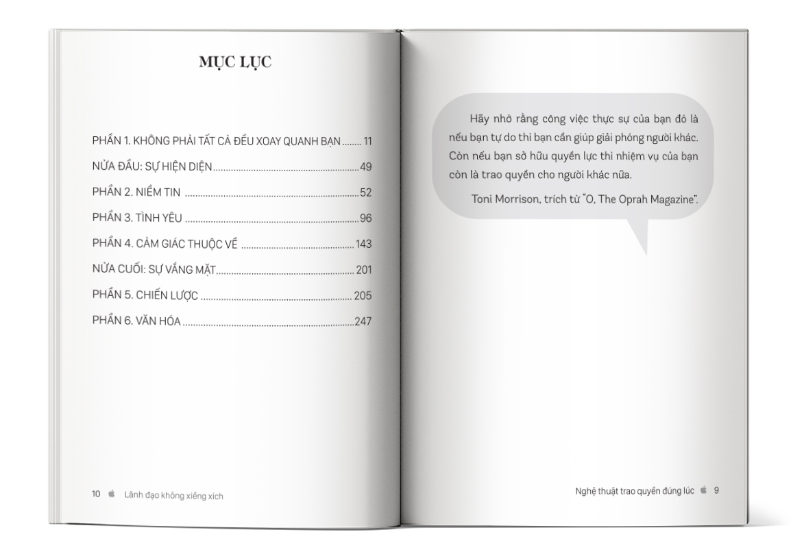 Mục lục của cuốn sách Lãnh đạo không xiềng xích – Nghệ thuật trao quyền đúng lúc