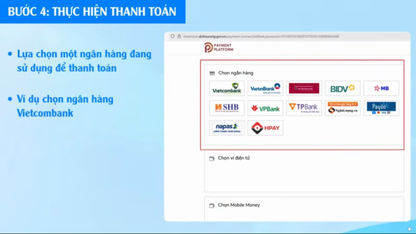 Thực hiện thanh toán qua ngân hàng, ví điện tử hoặc phương thức khác