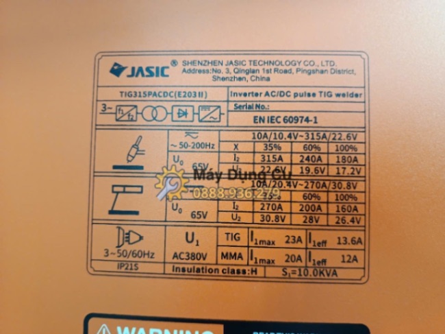 Bảng thông số kỹ thuật máy hàn Jasic TIG315PACDC E203 II