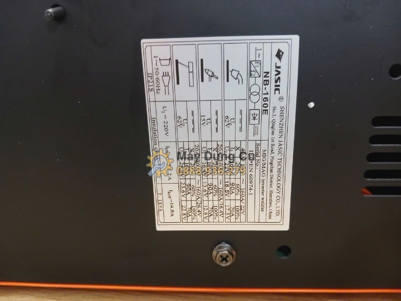Máy hàn MIG Jasic NB-160E – tem thông so mặt dây