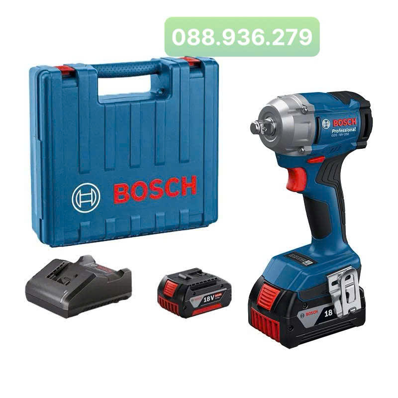 Trọn bộ máy siết bu lông Bosch GDS 18V-350 kèm 2 pin 4.0Ah sạc và vali