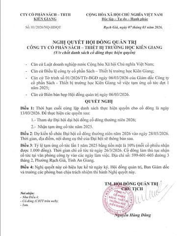 Nghị Quyết số 01/2026/NQ-HĐQT Về việc chốt danh sách cổ đông thực hiện quyền