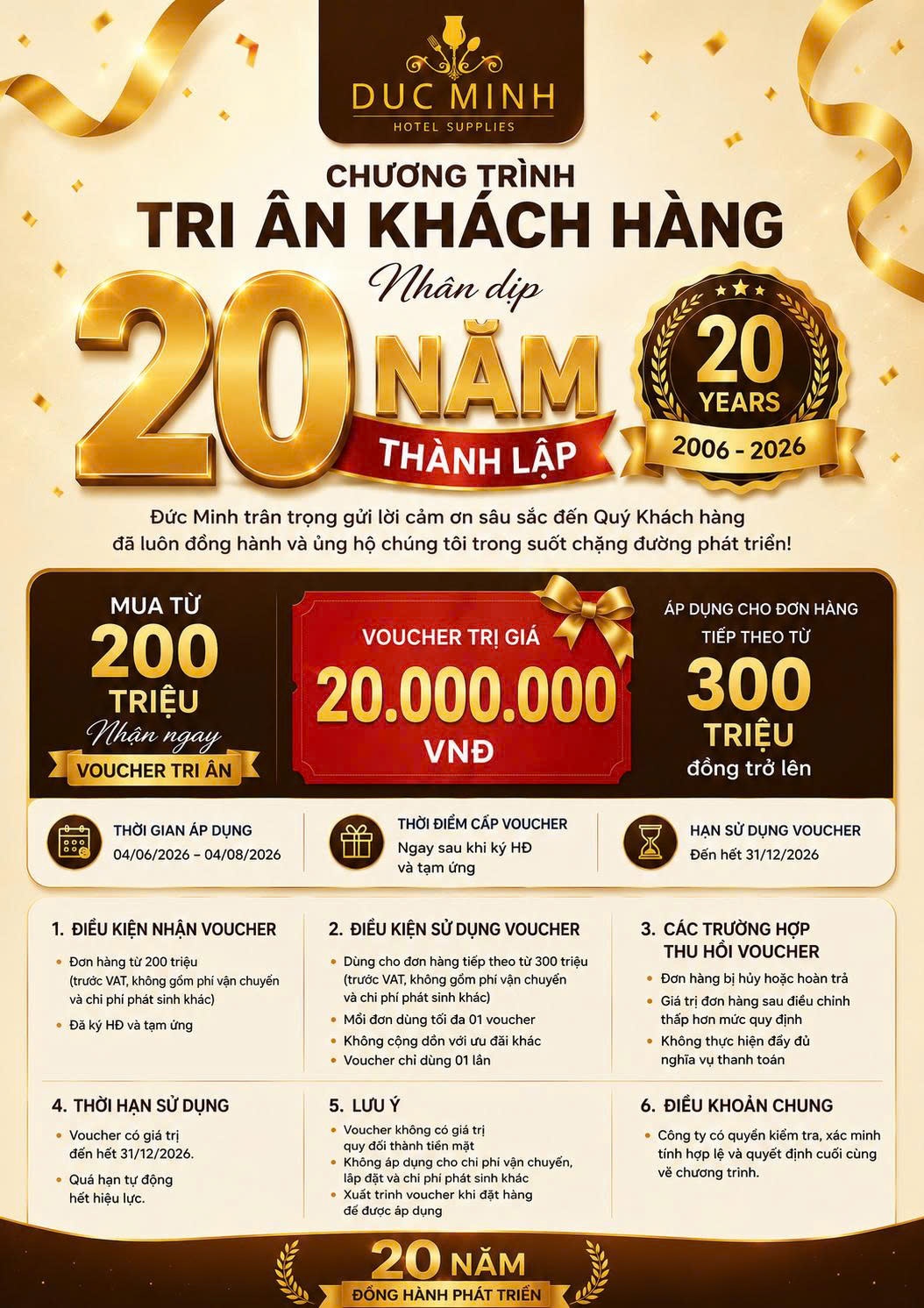 CHƯƠNG TRÌNH TRI ÂN KHÁCH HÀNG KỶ NIỆM 20 NĂM THÀNH LẬP CÔNG TY TNHH THƯƠNG MẠI VÀ DỊCH VỤ ĐỨC MINH