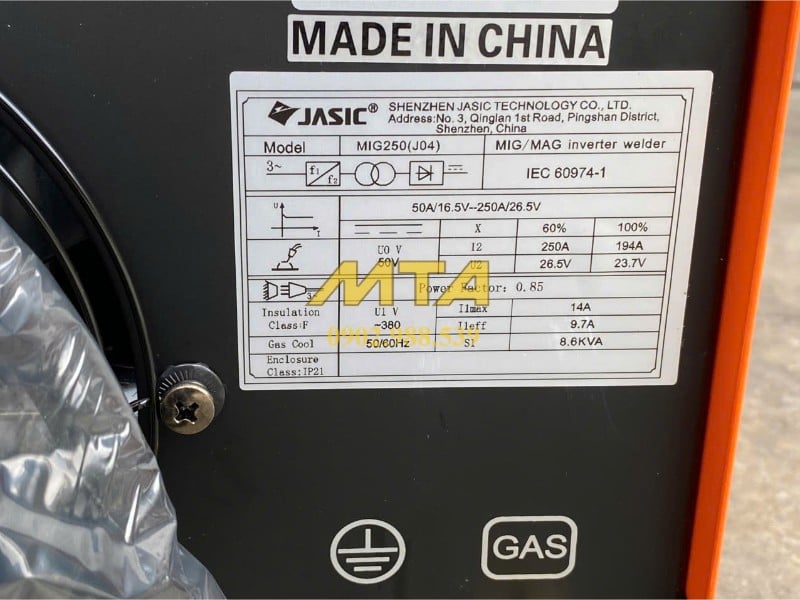 Bảng thông số kỹ thuật máy hàn MIG Jasic MIG250 J04 380V