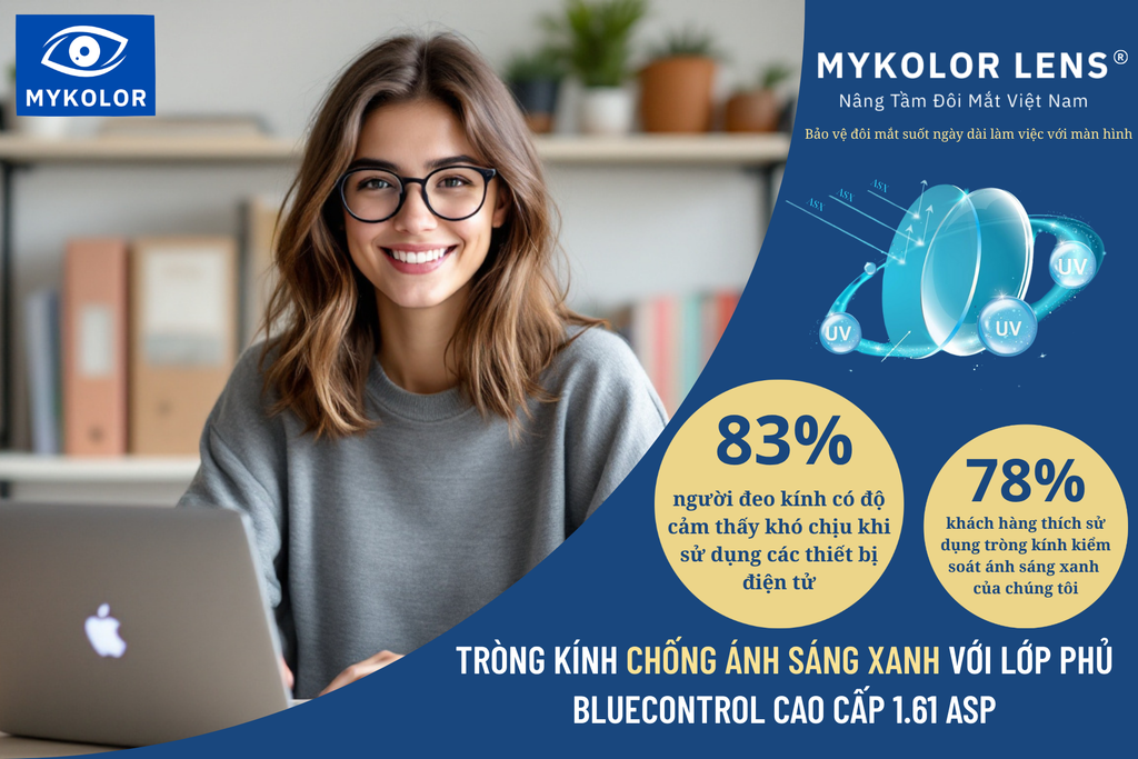 Mykolor KLE Bluecontrol 1.61 – Tròng kính chống ánh sáng xanh cao cấp cho đôi mắt Việt