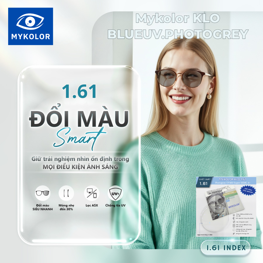 Tròng kính đổi màu Mykolor KLO 1.61 BlueUV.Photogrey – Giải pháp bảo vệ mắt toàn diện cho cuộc sống hiện đại