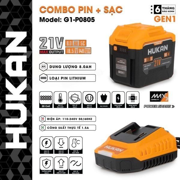 🔋 Combo Pin Sạc Hukan 21V 8.0Ah
