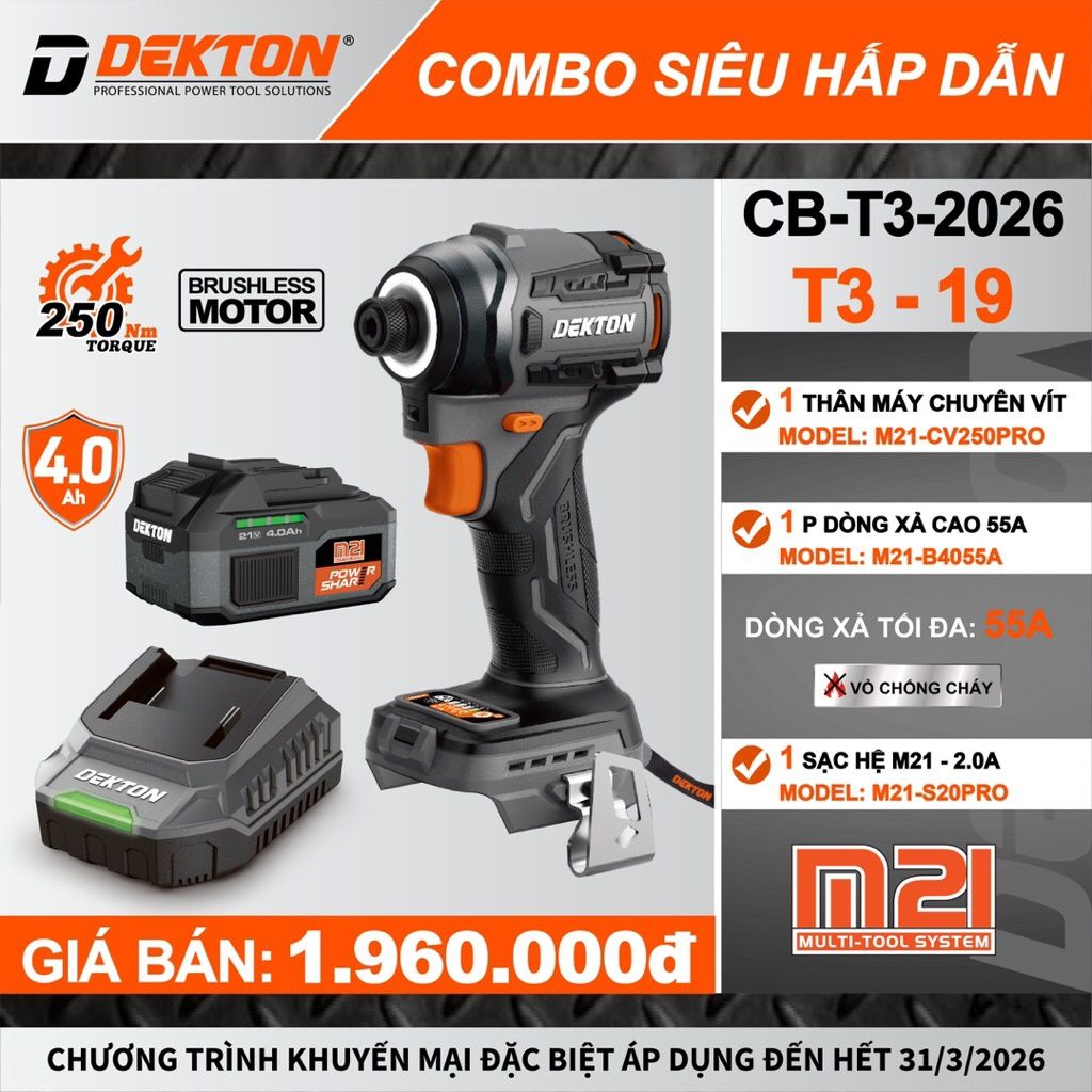 Combo máy chuyên vít DEKTON M21-CV250PRO Gen 3 -250Nm ( 1 máy M21-CV250Pro + 1 pin 4AH B4055 + 1SạcS20pro)