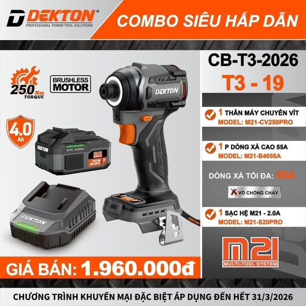 Combo máy chuyên vít DEKTON M21-CV250PRO Gen 3 -250Nm ( 1 máy M21-CV250Pro + 1 pin 4AH B4055 + 1SạcS20pro)