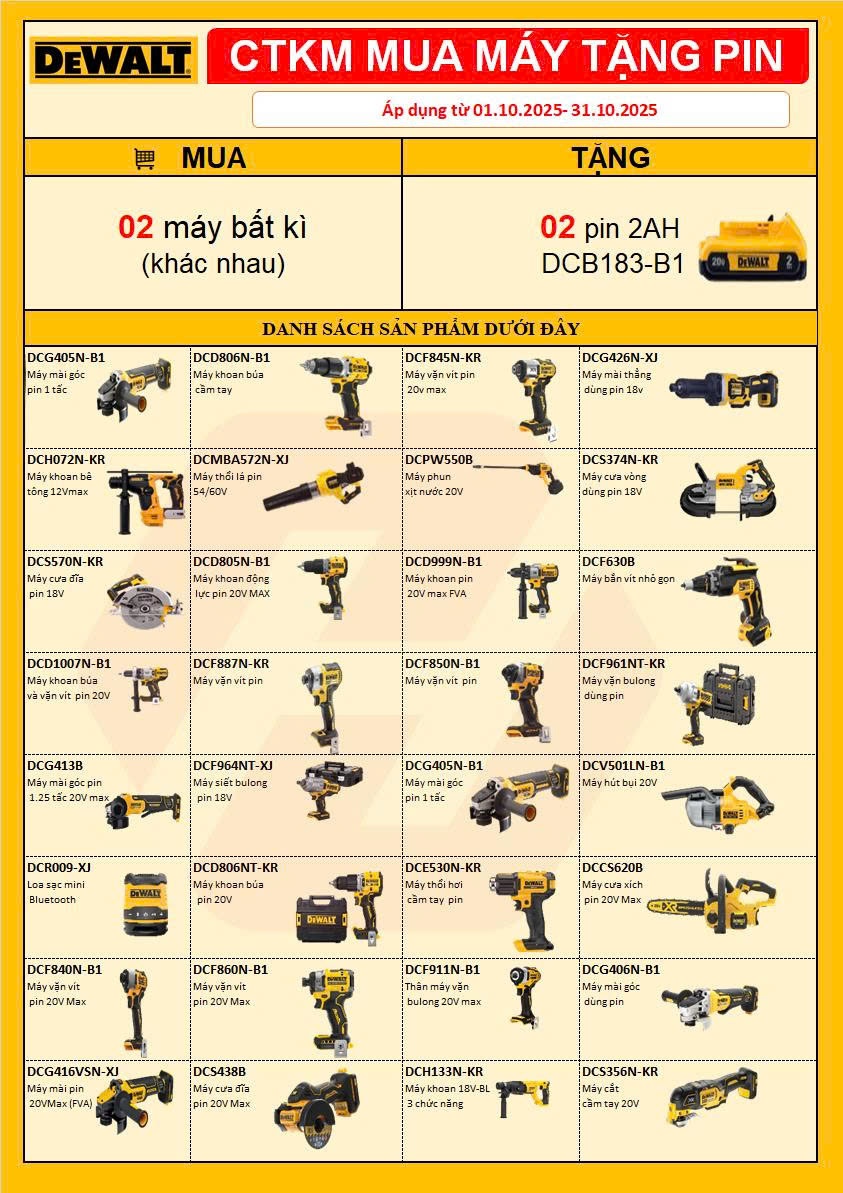 CTKM DEWALT – MUA MÁY TẶNG PIN
