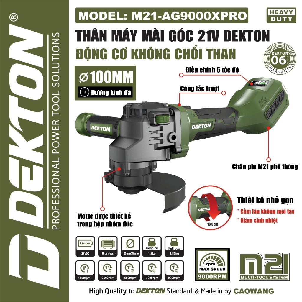 Thân Máy Mài Góc Pin 21V DEKTON M21-AG9000XPRO