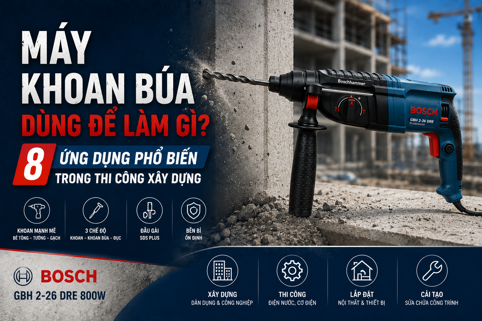 Máy Khoan Búa Dùng Để Làm Gì? 8 Ứng Dụng Phổ Biến Trong Thi Công Xây Dựng