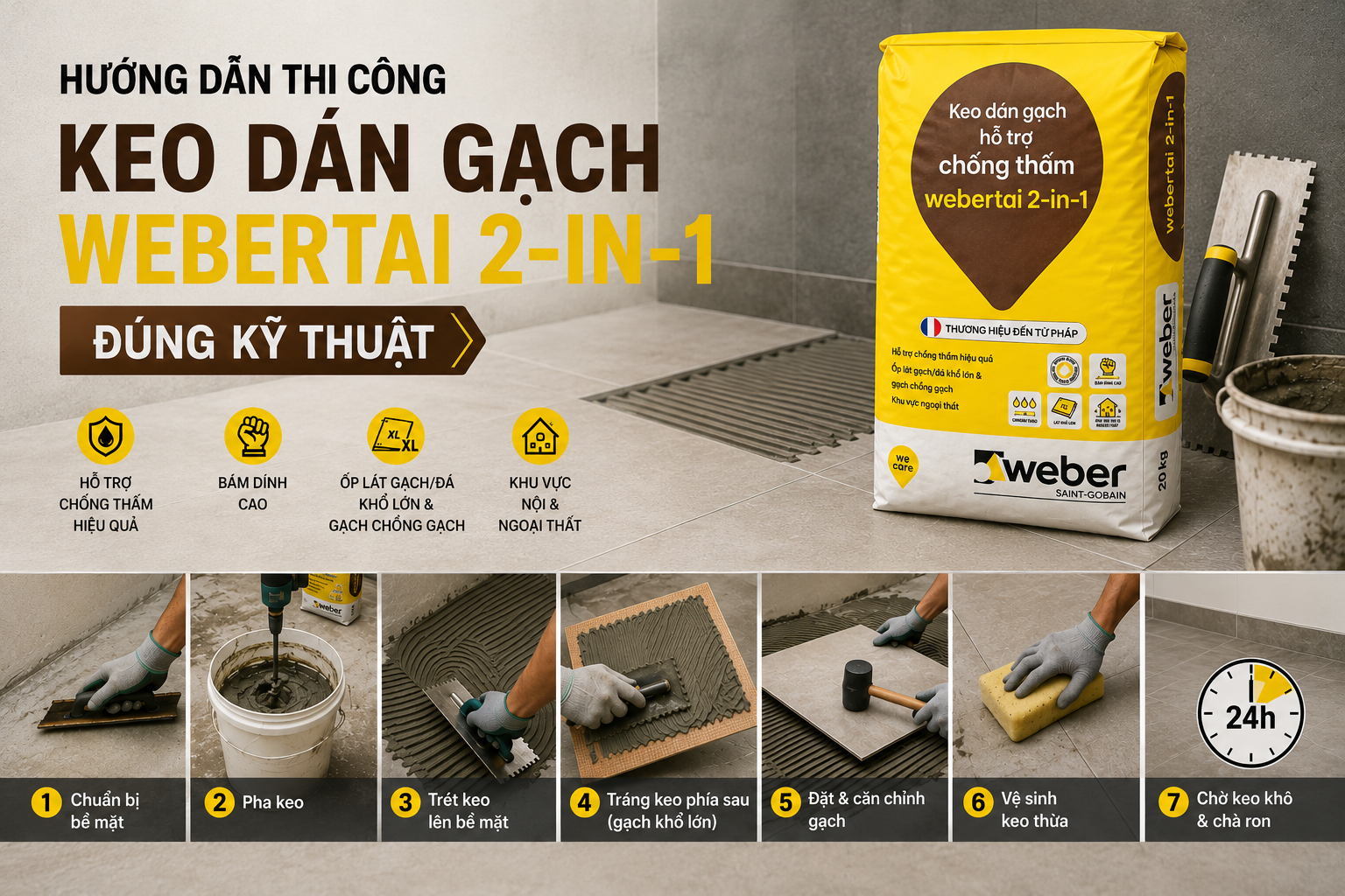 Hướng dẫn thi công Keo Dán Gạch Webertai 2-in-1 đúng kỹ thuật