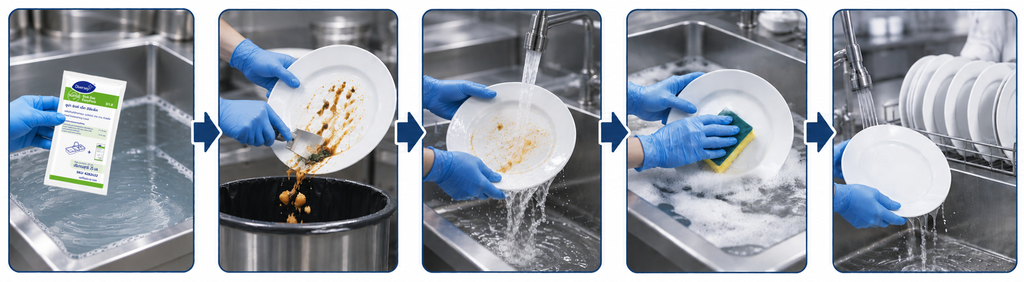 Quy trình rửa chén dùng Suma Sink Det EasyPack