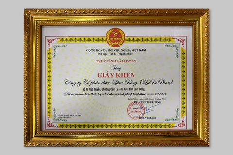 Ladophar nhận Giấy khen của Thuế tỉnh Lâm Đồng vì thực hiện tốt chính sách pháp luật thuế năm 2025