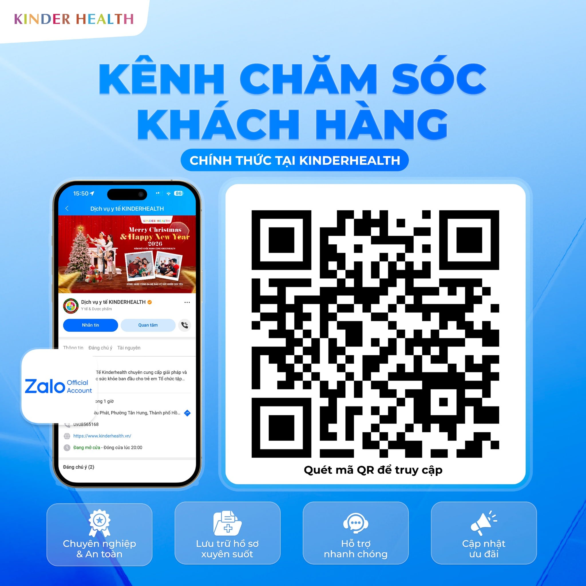 THÔNG BÁO CHÍNH THỨC: CHUYỂN ĐỔI KÊNH CHĂM SÓC KHÁCH HÀNG SANG ZALO OA: Dịch vụ y tế KINDERHEALTH