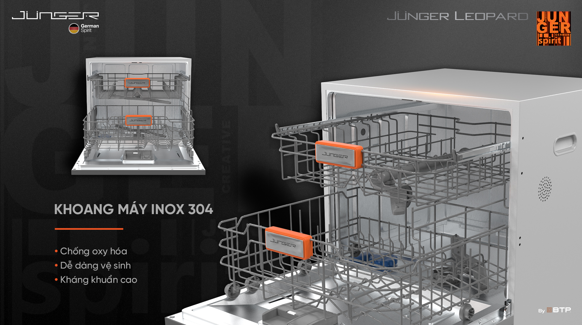 Máy độc lập Junger Leopard DWJ-100 trang bị khoang rửa làm từ Inox 304 cao cấp, bền bỉ theo thời gian