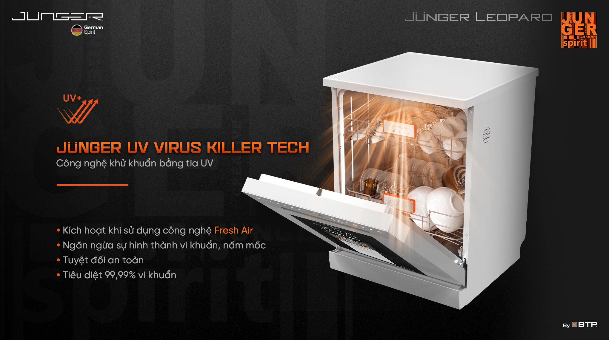 Máy rửa bát độc lập.lắp âm Junger DWJ-140 trang bị công nghệ diệt khuẩn bằng tia UV Junger UV Virus Killer Tech