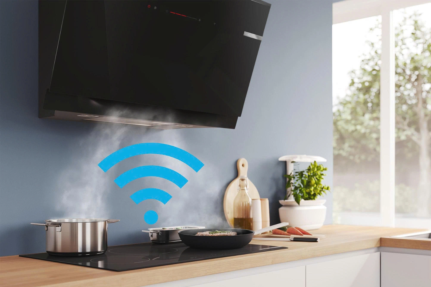 Bếp từ Bosch PIE875HC1E có thể tự động điều chỉnh công suất hút mùi