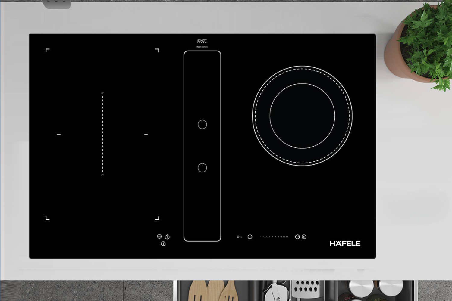 Bếp Hafele HC-IHH80A (mã 539.66.698) gồm 2 vùng nấu từ và 1 vùng hồng ngoại