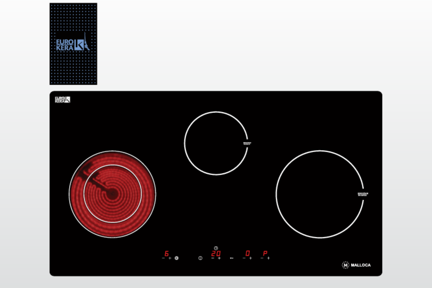 Bếp điện từ Malloca MH-03IRB SB bao gồm 02 vùng nấu từ và 01 vùng nấu điện