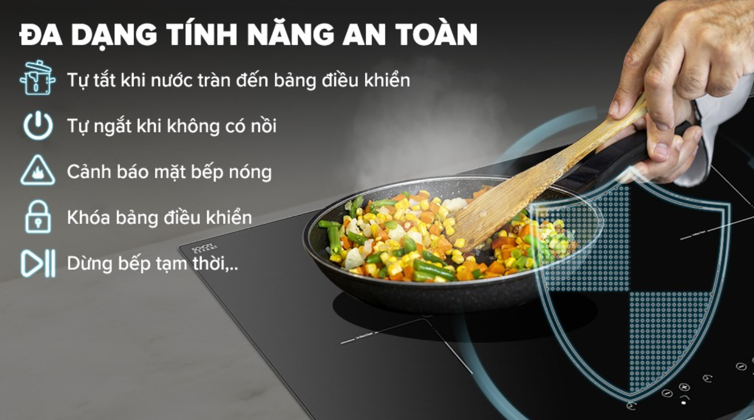 Cơ chế an toàn trên bếp từ đôi Hafele HC-IS772EA (535.02.222) tạo nên một lớp bảo vệ toàn diện