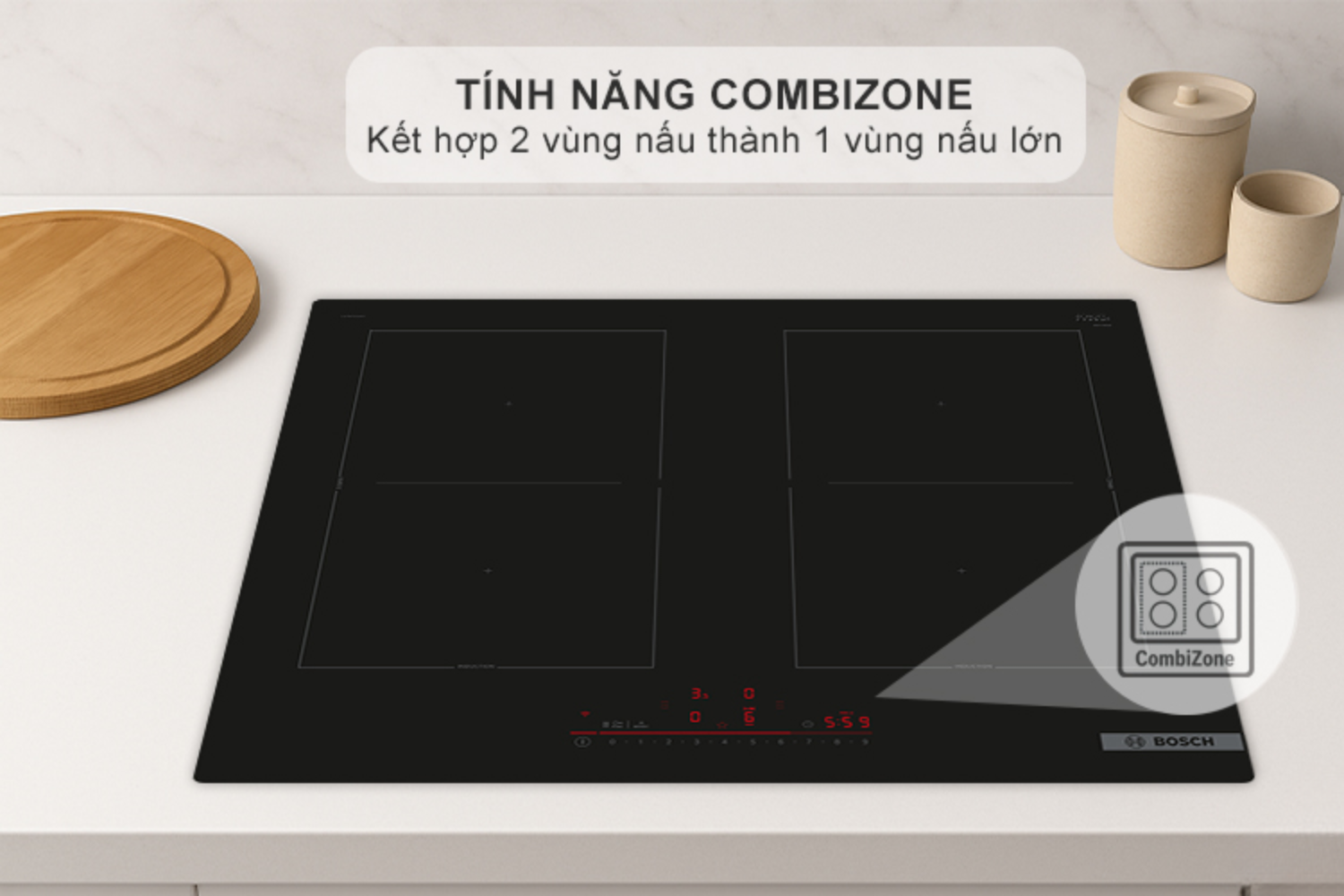 Bếp có 4 vùng nấu độc lập, có thể kết hợp hai vùng nấu liền kề
