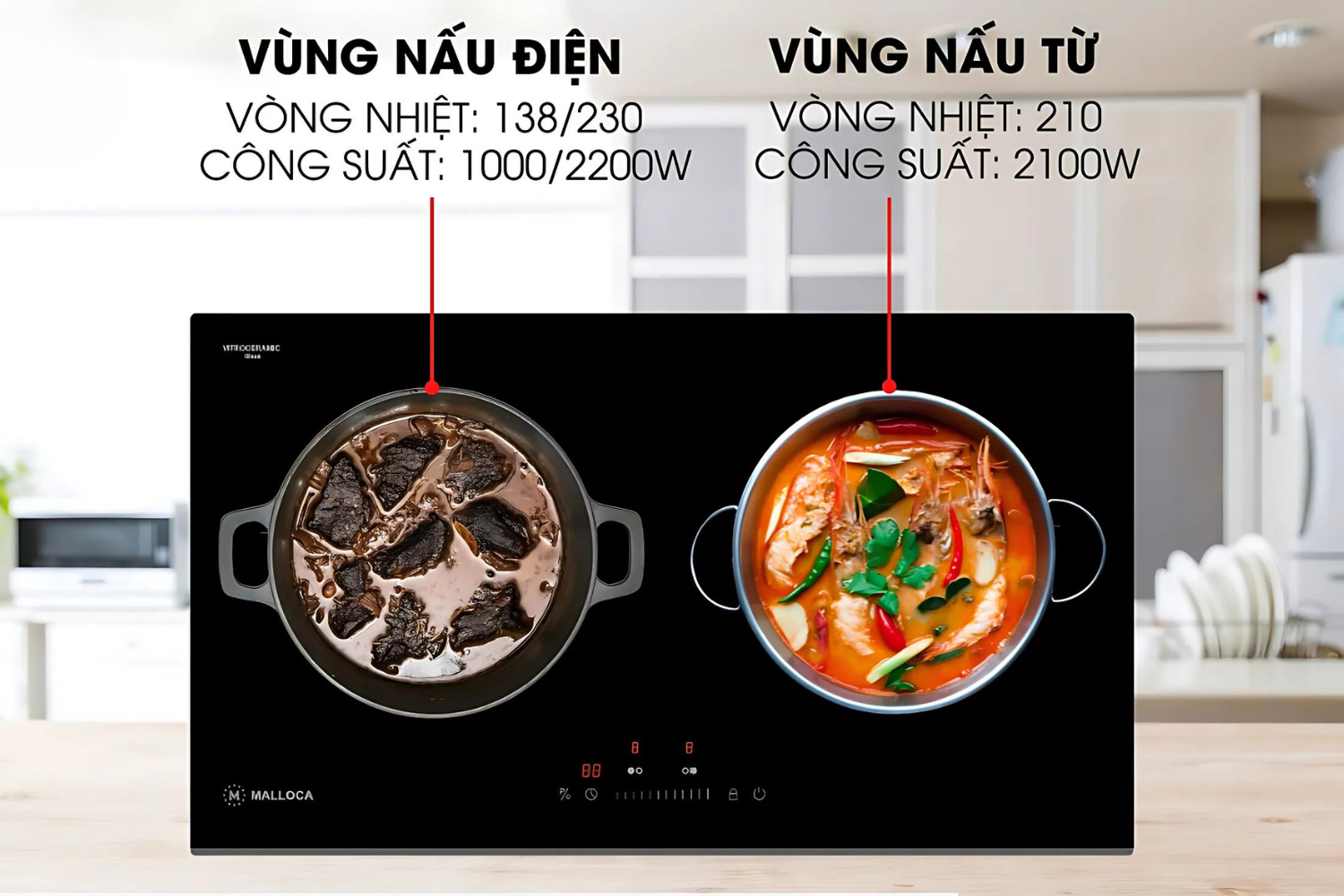 Bếp điện từ 2 vùng nấu Malloca MH-732 IRN sở hữu thiết kế lắp âm hiện đại