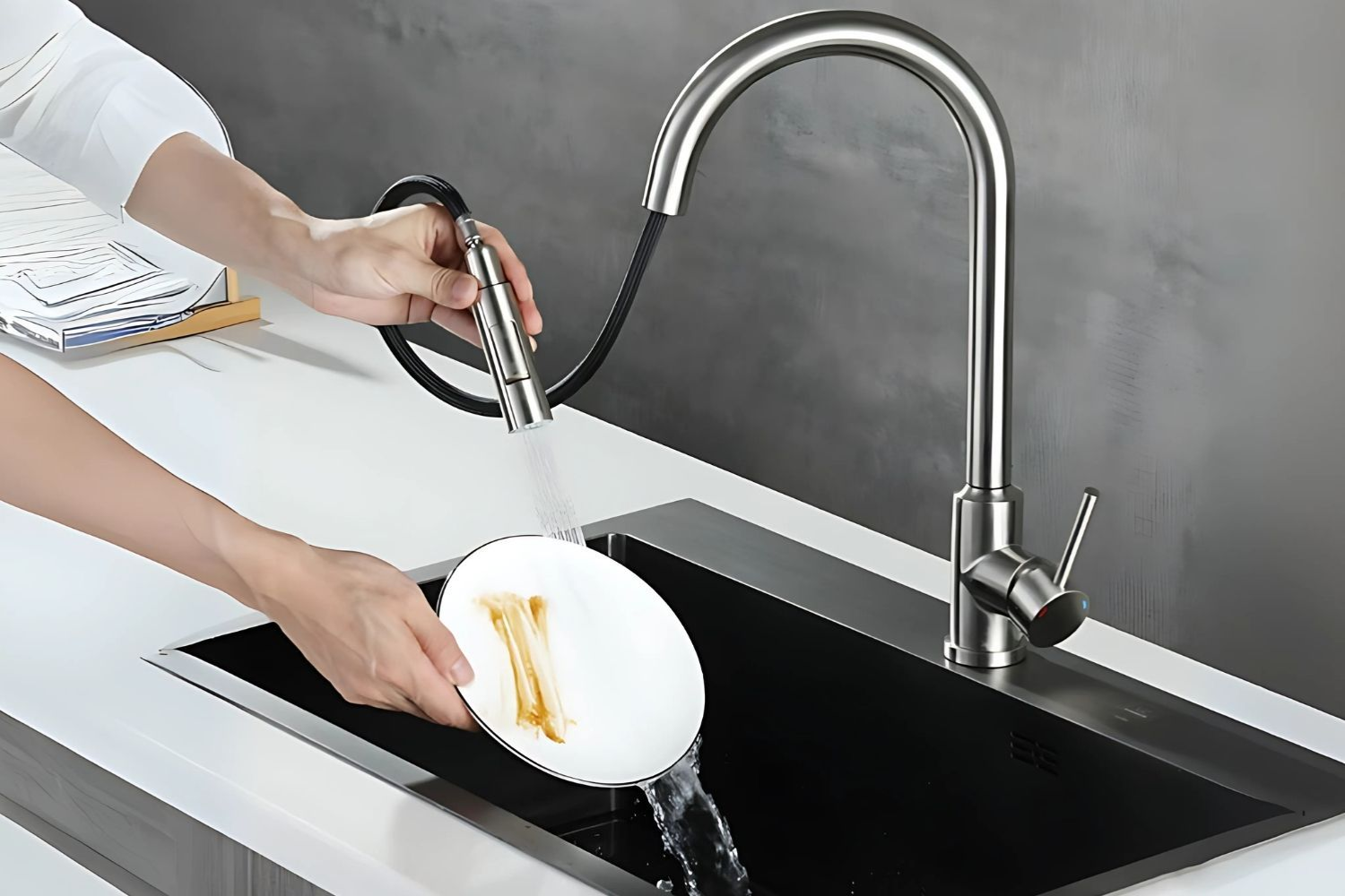 Vòi rửa bát inox 304 trang bị dây rút kéo dài rửa linh hoạt tạo không gian bếp hiện đại
