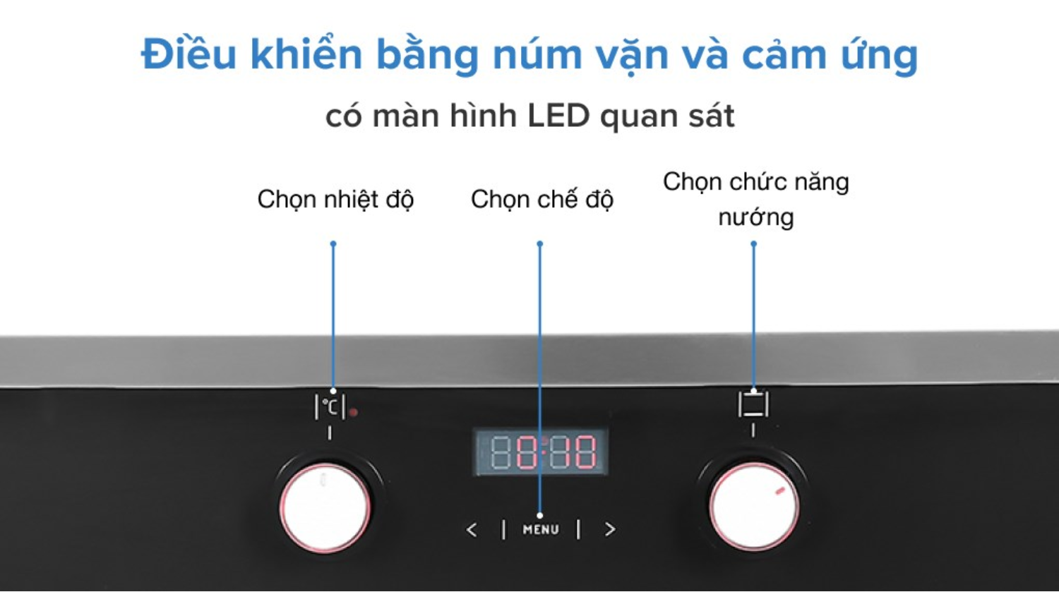Lò nướng Hafele HO-KT60C kết hợp hài hòa giữa núm vặn cơ học, cảm ứng và màn hình LED hiện đại