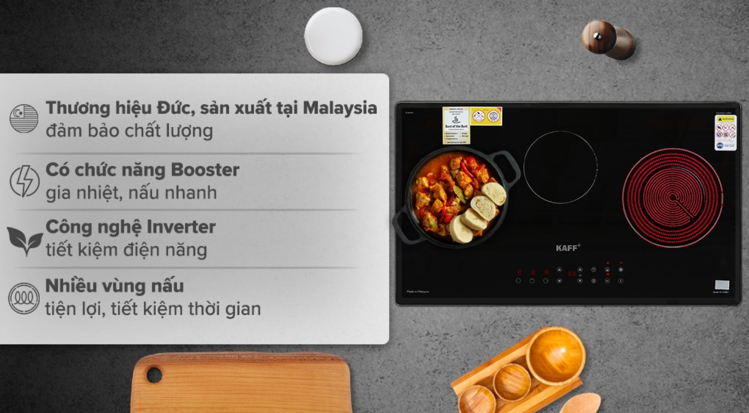 Các model bếp Kaff thuộc phân khúc tầm trung thường được sản xuất tại Malaysia