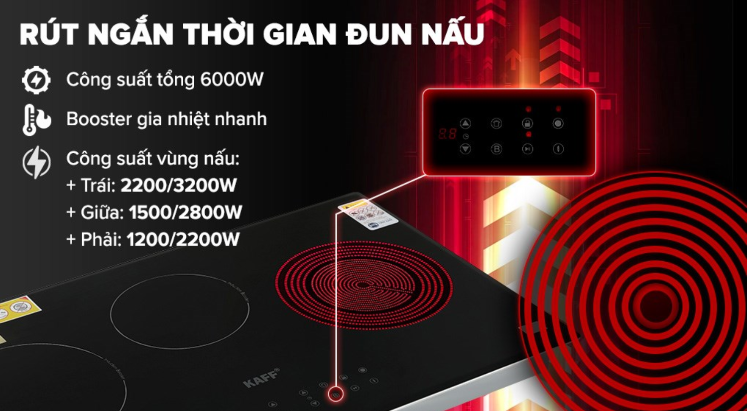 Bếp điện từ KAFF KF-IC3801 sở hữu 3 vùng nấu độc lập