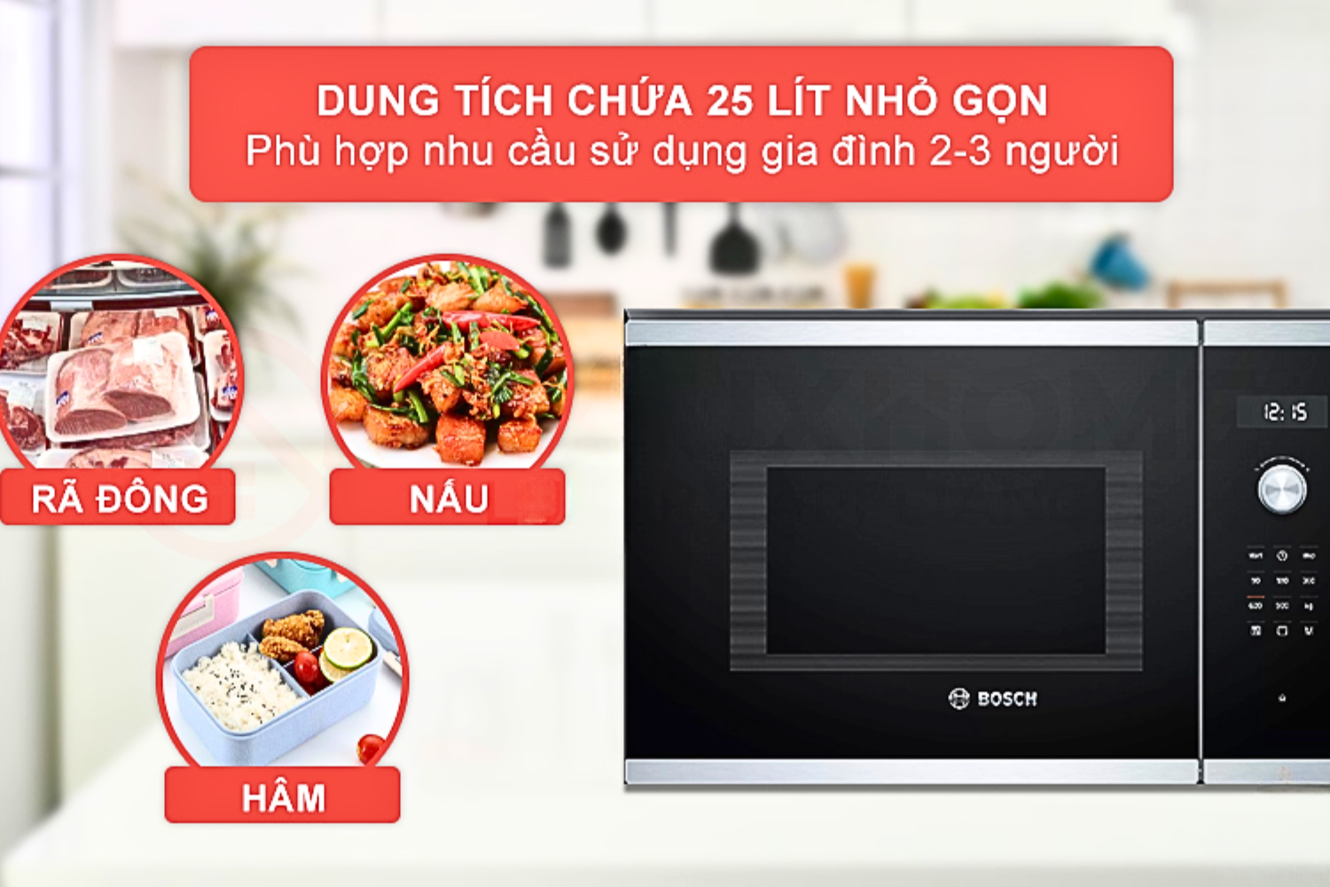Lò vi sóng dung tích 20–25 lít là lựa chọn phổ biến nhất cho gia đình nhỏ 3–4 người