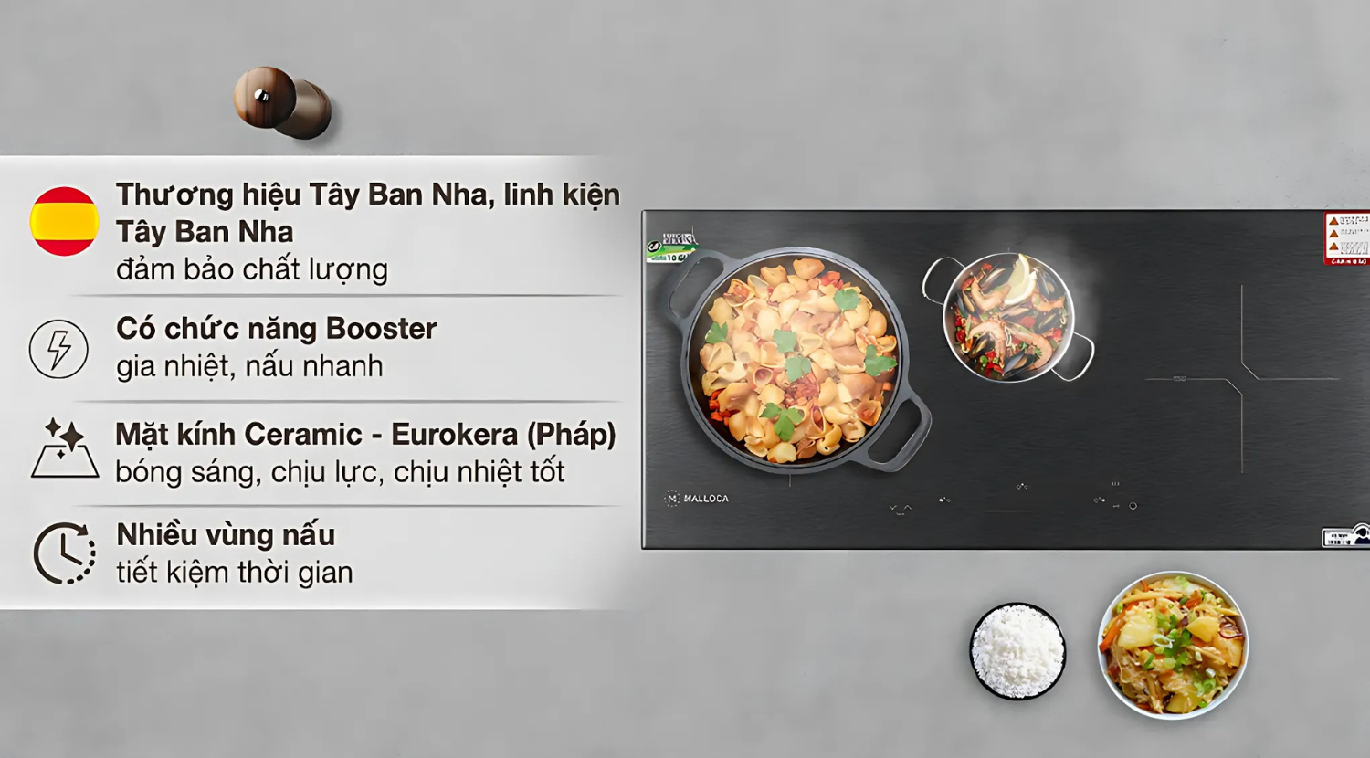 Bếp từ Malloca 03 vùng nấu được thiết kế theo chuẩn châu Âu với cấu tạo hiện đại