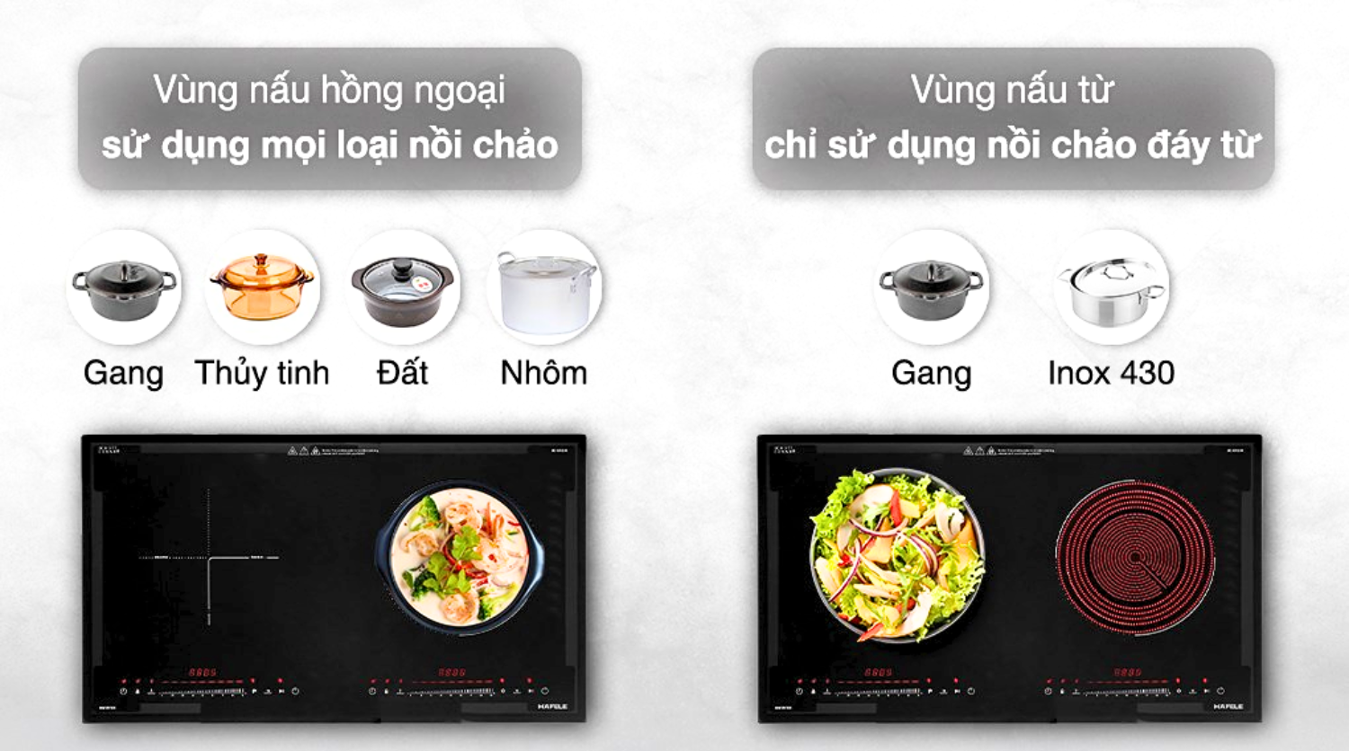 Bếp từ hồng ngoại tích hợp cả vùng nấu từ và vùng nấu hồng ngoại trên cùng một bề mặt