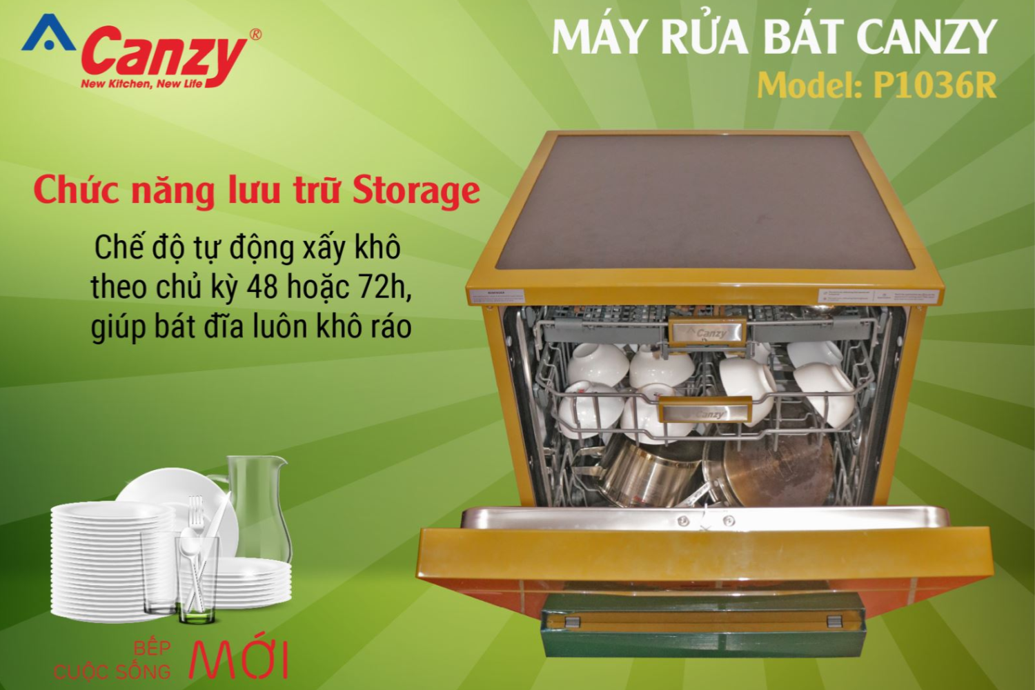 Máy rửa bát Canzy tích hợp công nghệ sấy khí tươi Fresh Air (kết hợp lưu trữ Storage)