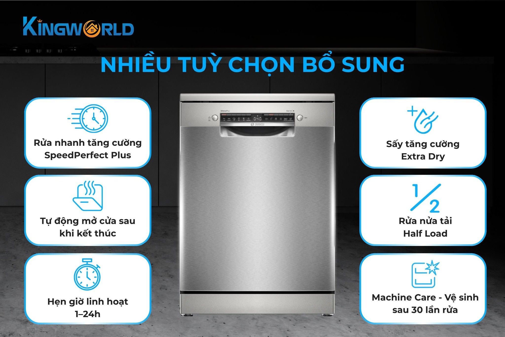 Máy rửa chén Bosch SMS4ECI26E Series 4 tích hợp nhiều chương trình hỗ trợ