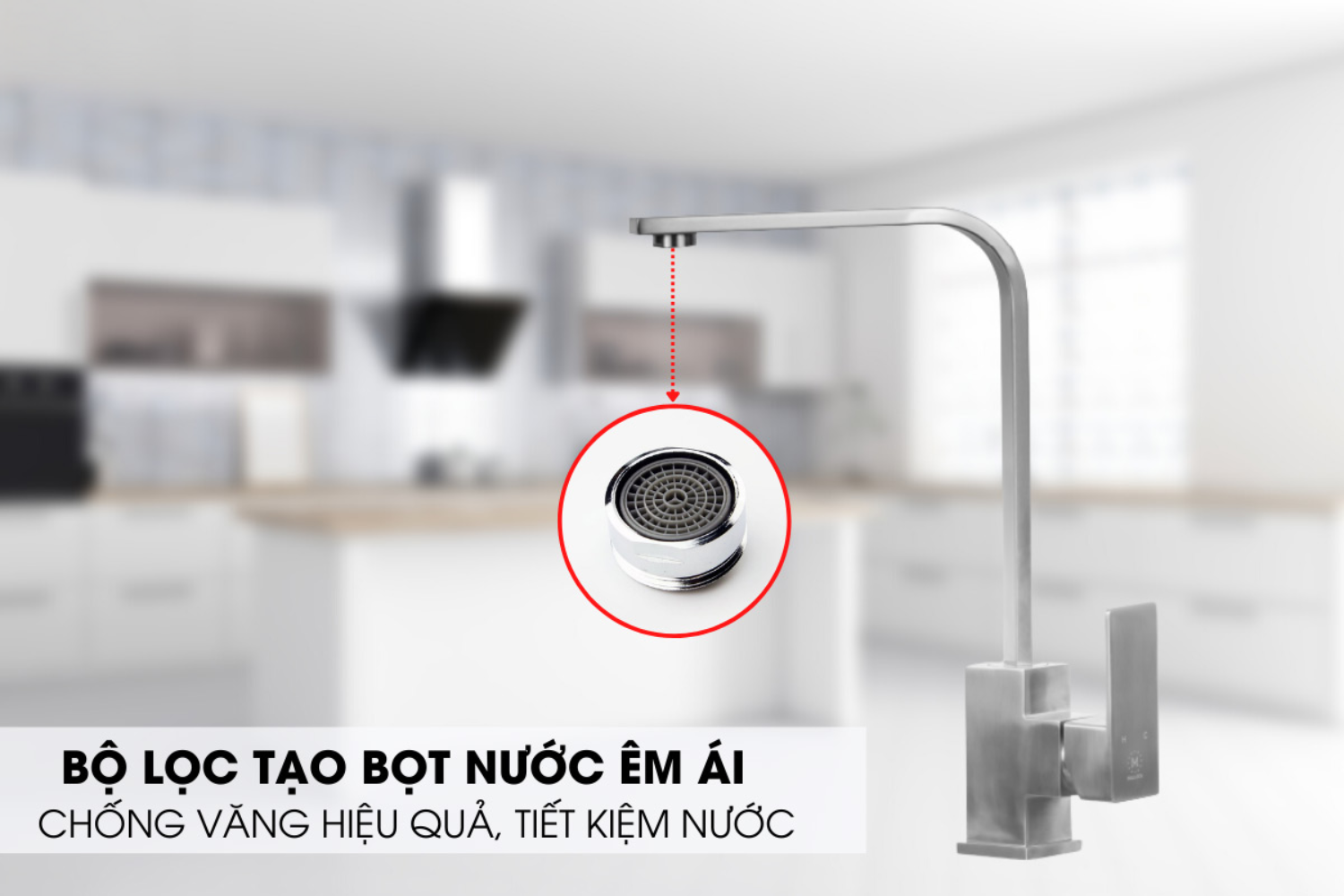 Vòi bếp Malloca K536S trang bị lưới lọc tạo bọt nước êm ái, chống văng nước