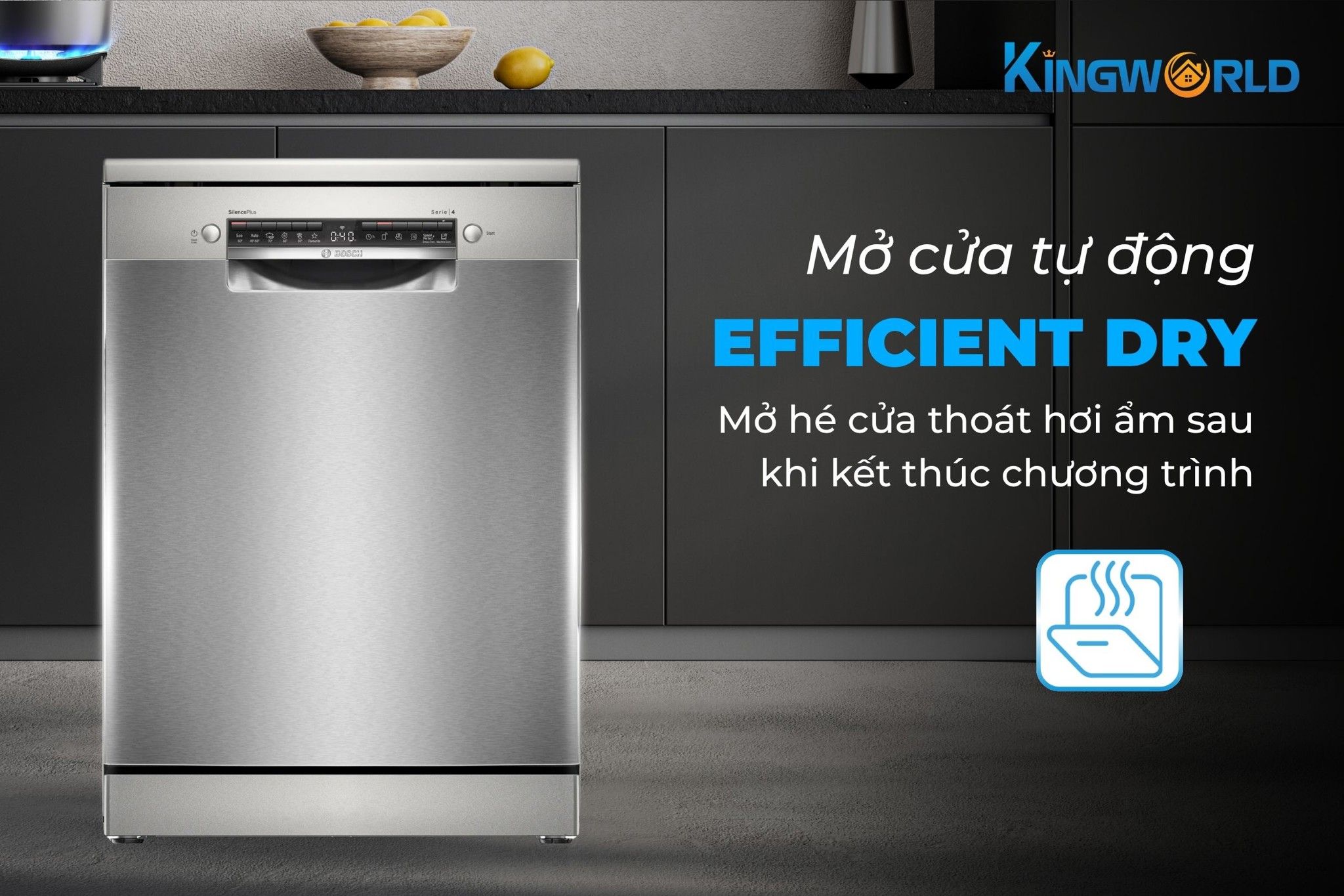 Mở cửa tự động cuối chu trình, sấy khô hiệu quả