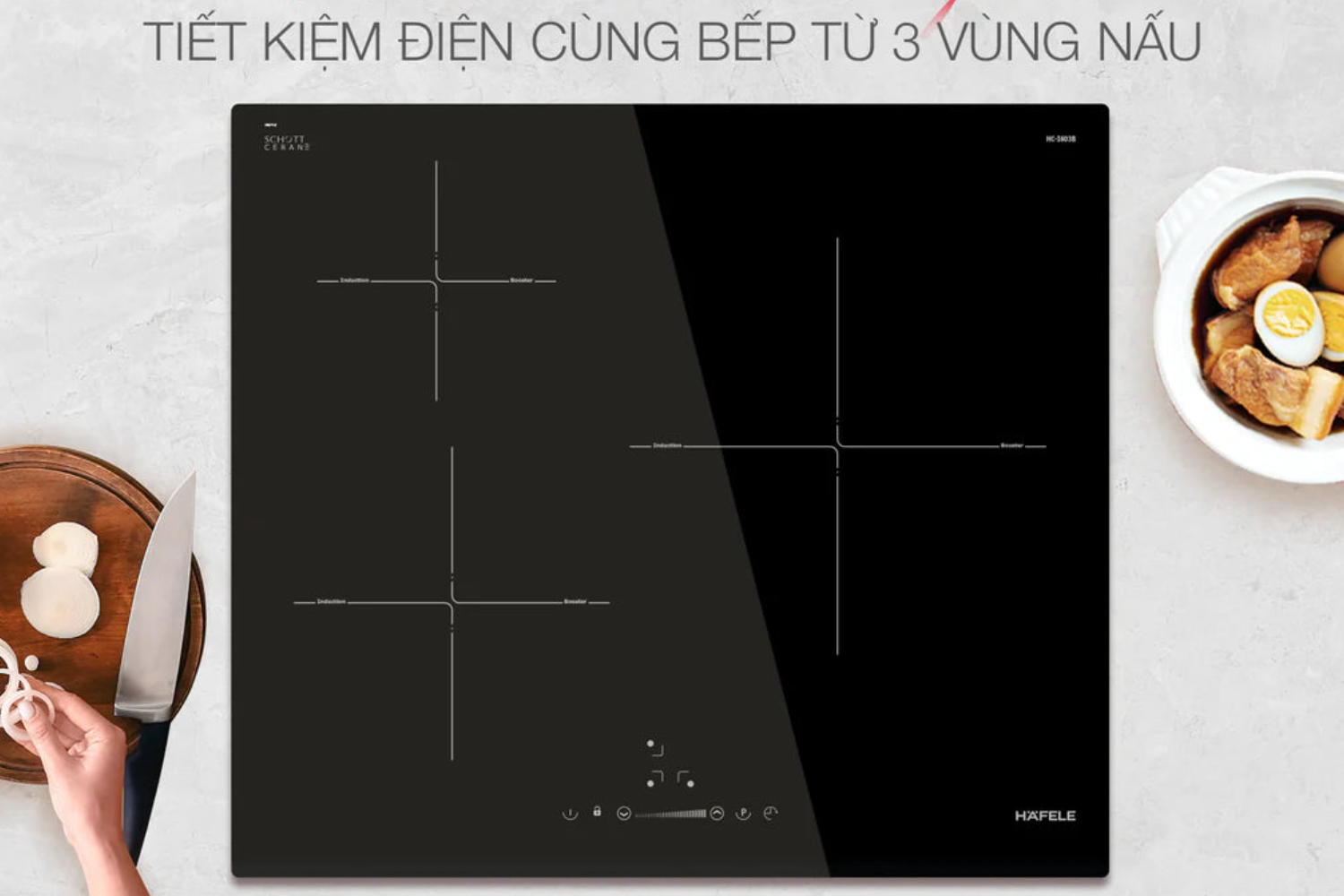 Bếp có ba vùng nấu với kích thước khác nhau, giúp người dùng linh hoạt hơn trong việc chuẩn bị nhiều món